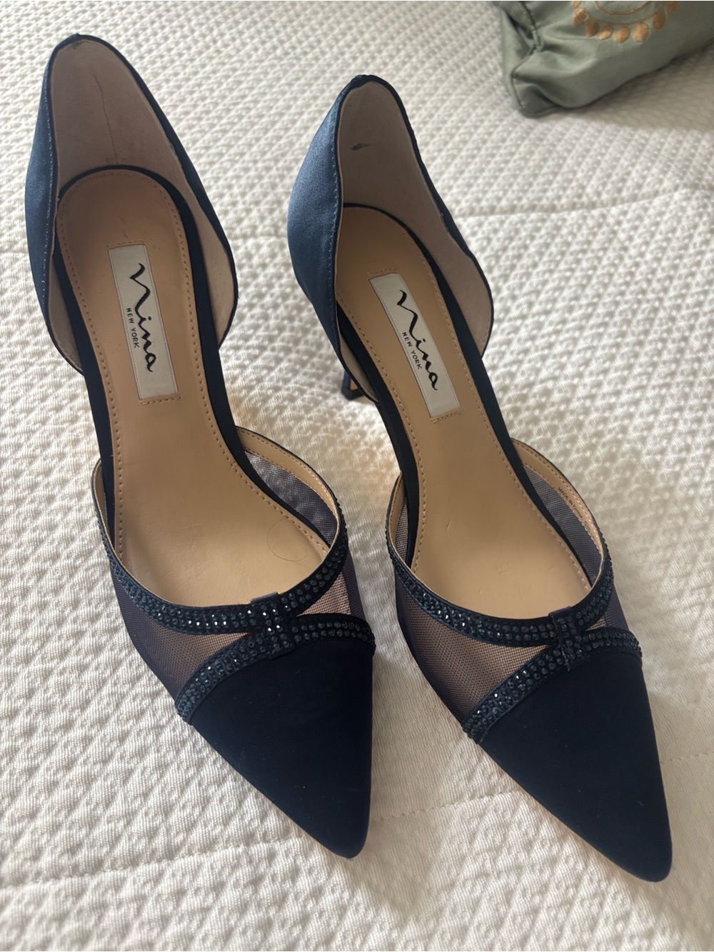Nina Black Mesh Pointed-Toe D'Orsay Heels with Crystal Trim